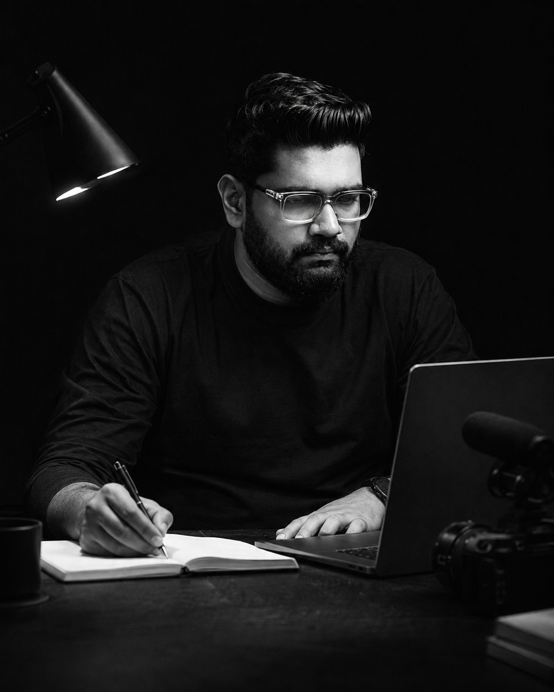 Ahammed Hasan writing at a desk under a lamp
